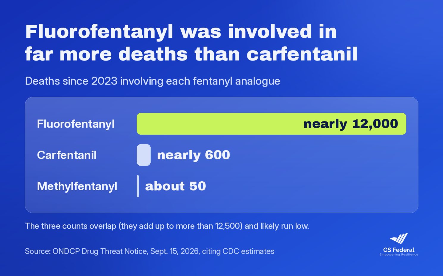 Bar chart. Deaths since 2023 involving each fentanyl analogue: fluorofentanyl nearly 12,000, carfentanil nearly 600, methylfentanyl about 50. Source: ONDCP Drug Threat Notice, Sept. 15, 2026, citing CDC estimates.